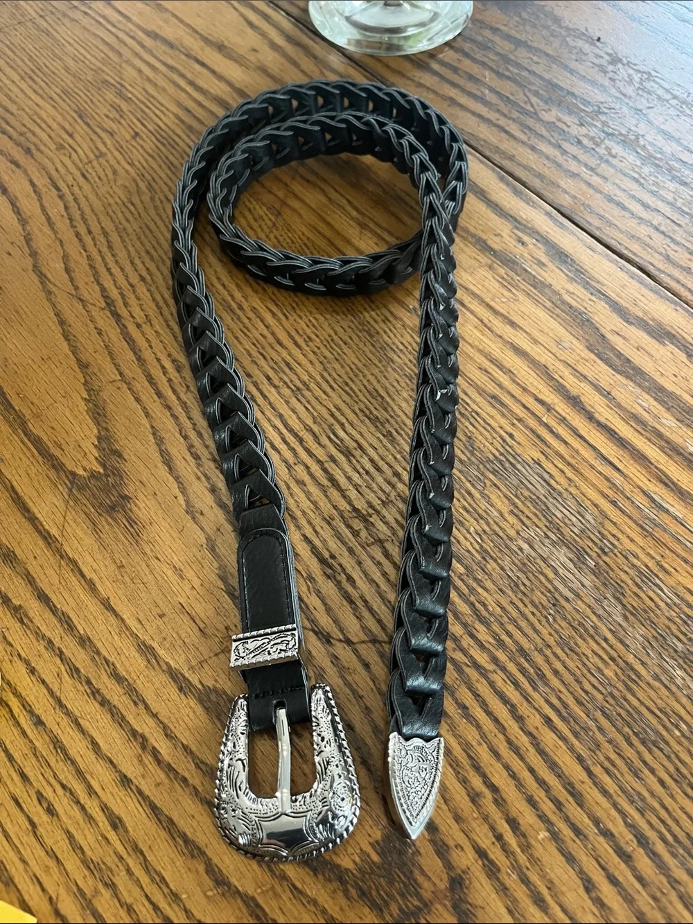 Hecho Black Braided Leather Belt with Ornate Silver Buckle
